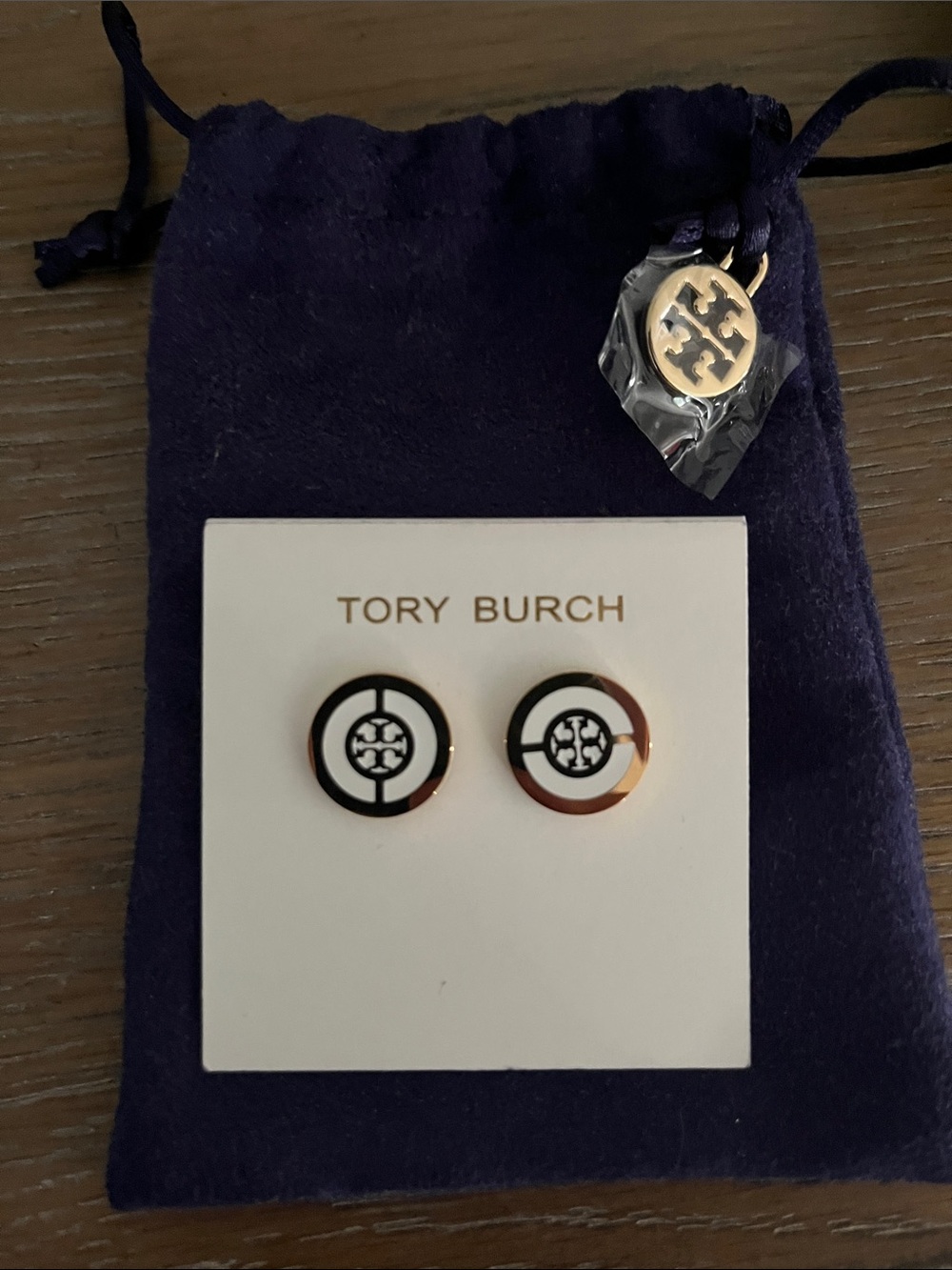 Tory Burch White and Gold Round Logo Stud Earrings